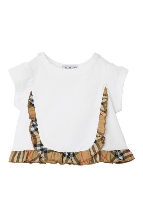 Check Ruffle Stretch Cotton T-shirt