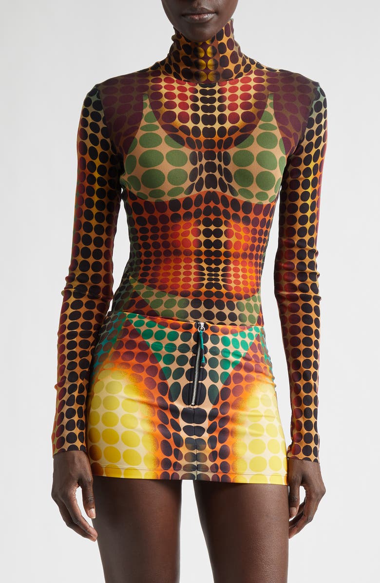 Jean Paul Gaultier Re-Edition Polka Dot Trompe l'Oeil Long Sleeve Mesh Top, Main, color, Orange/ Blue/ Brown