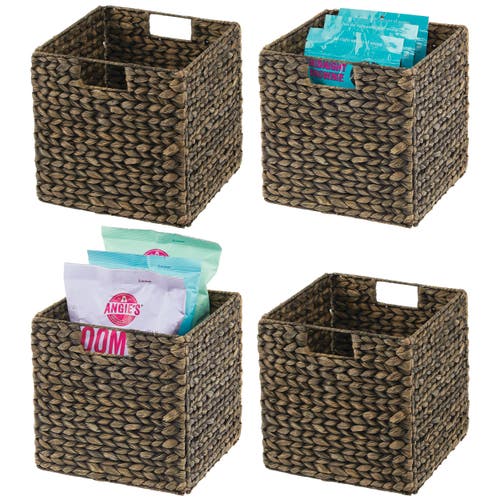 mDesign Woven Hyacinth Kitchen Basket Organizer with Handles - 4 Pack in Black Wash 
