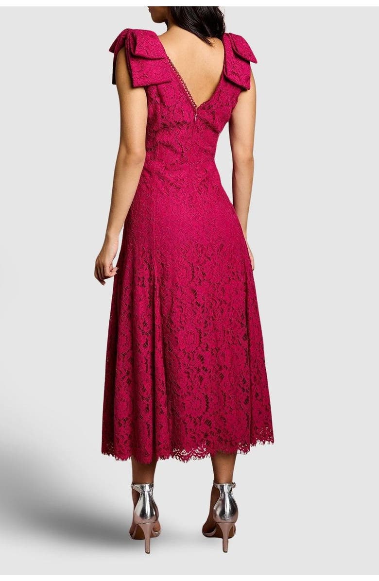 Coast Bow Shoulder V Neck Lace Midi Dress, Alternate, color, Burgundy