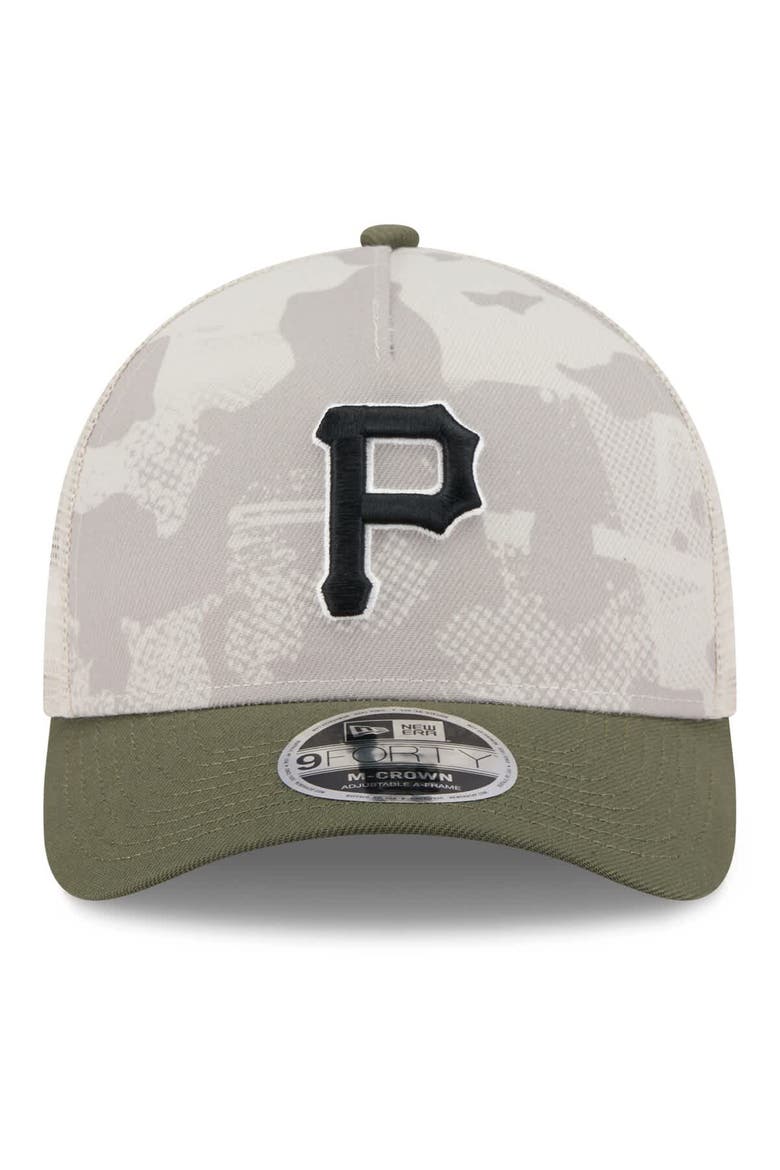 Men's New Era Light Beige/Olive Pittsburgh Pirates 2025 Armed Forces Day 9FORTY M-Crown A-Frame Adjustable Hat, Alternate, color, Light Beige