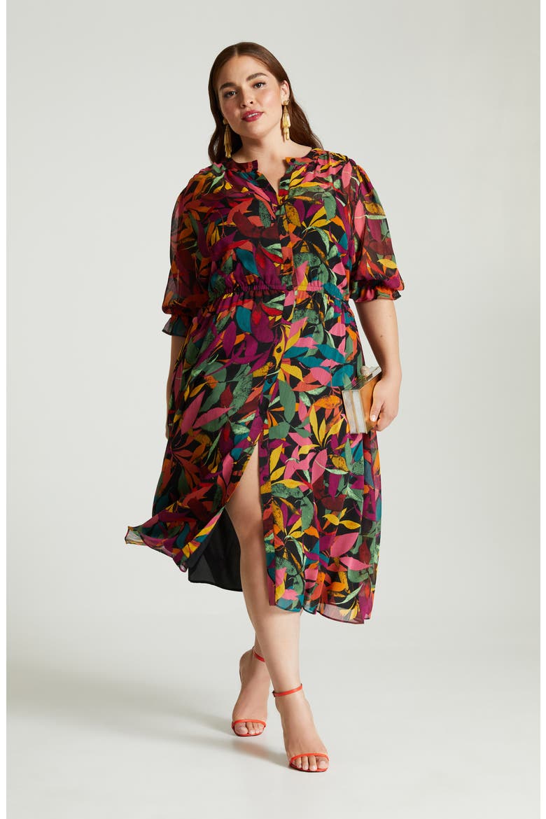 Print Puff Sleeve Midi Shirtdress, Alternate, color, BLACK/ GRAPE JUICE