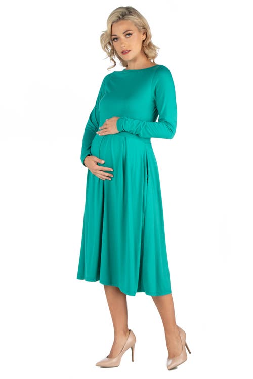 24seven Comfort Apparel Maternity Midi Length Fit And Flare Pocket Dress In Green