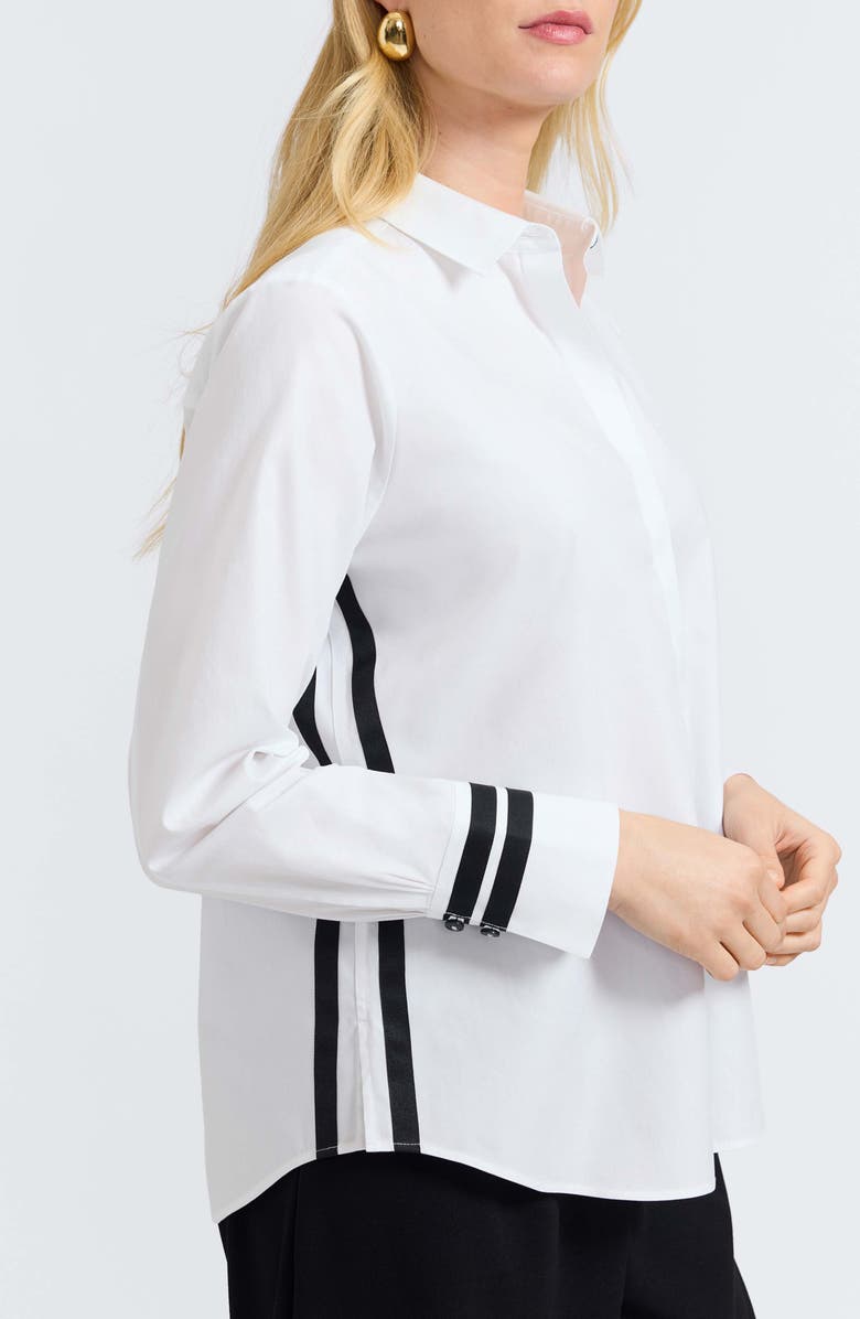 Foxcroft Brooke Grosgrain Trim Cotton Button-Up Shirt, Alternate, color, White