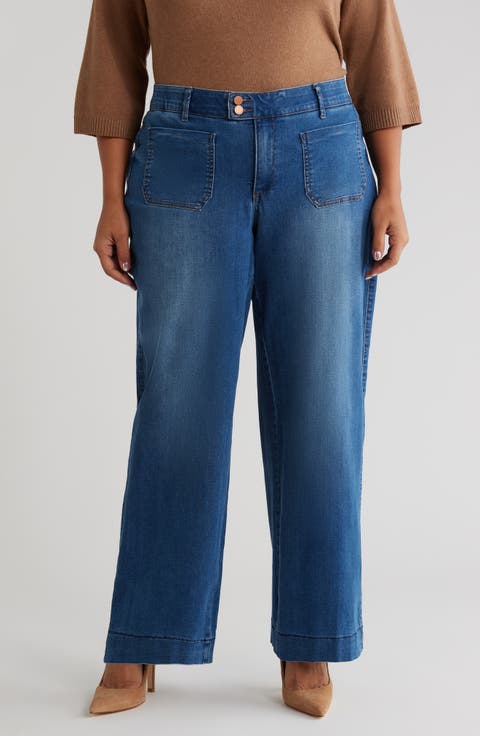 Patch Pocket High Waist Wide Leg Jeans (Plus)