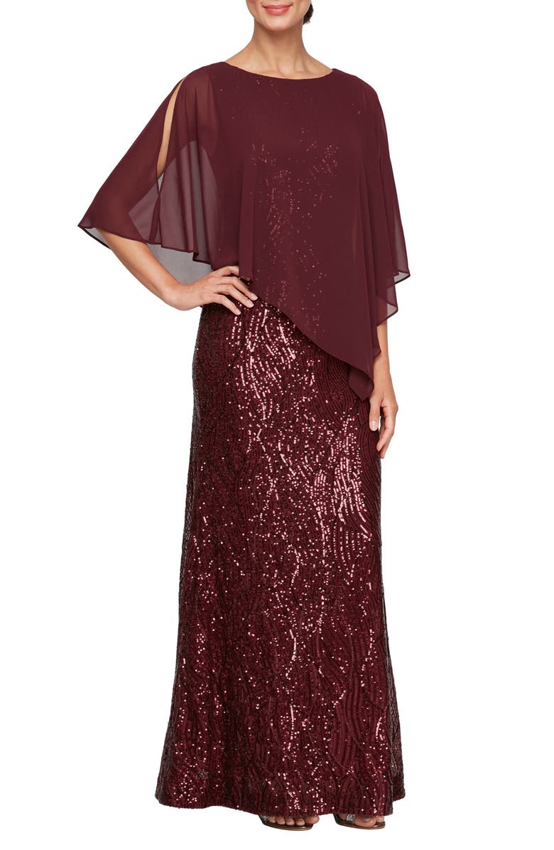SL FASHIONS Sequin & Chiffon Asymmetric Capelet Gown, Main, color,