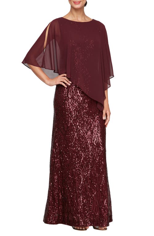 SL FASHIONS Sequin & Chiffon Asymmetric Capelet Gown in Fig 