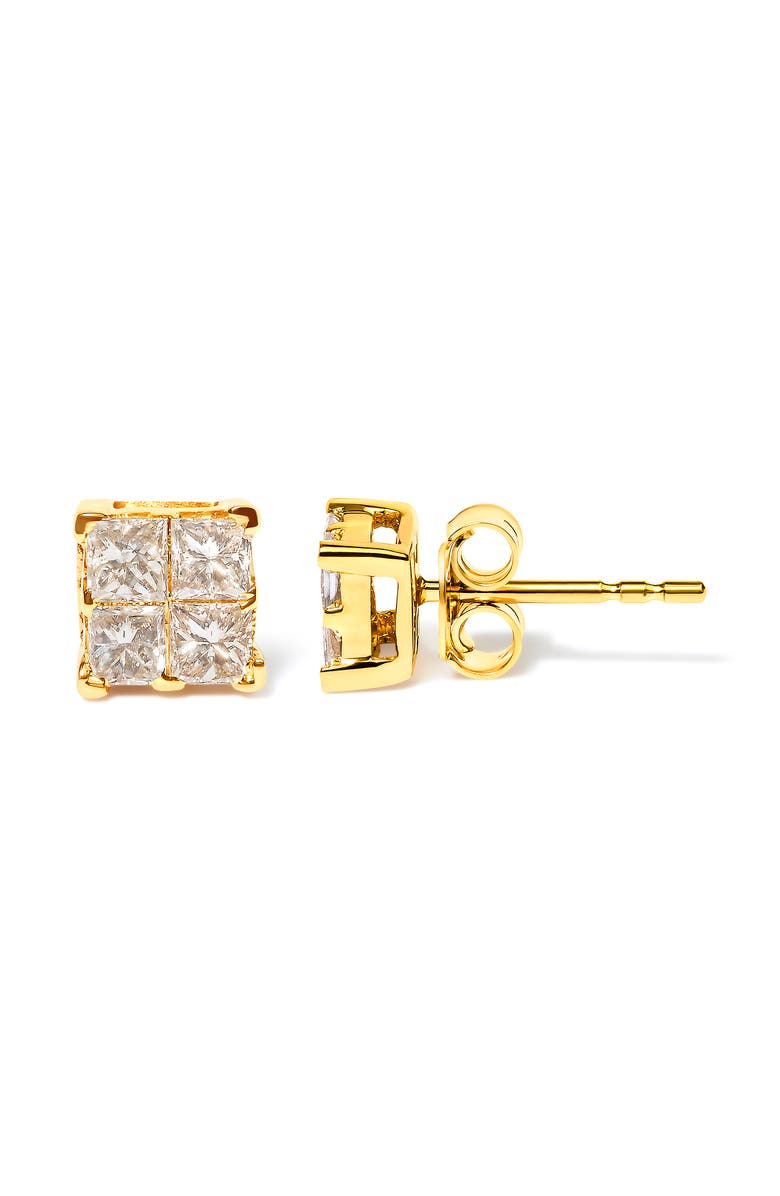 Haus of Brilliance 14K Yellow Gold 3/4 Ct Invisible Princess 4 Stone Square Stud Earrings, Alternate, color, Yellow