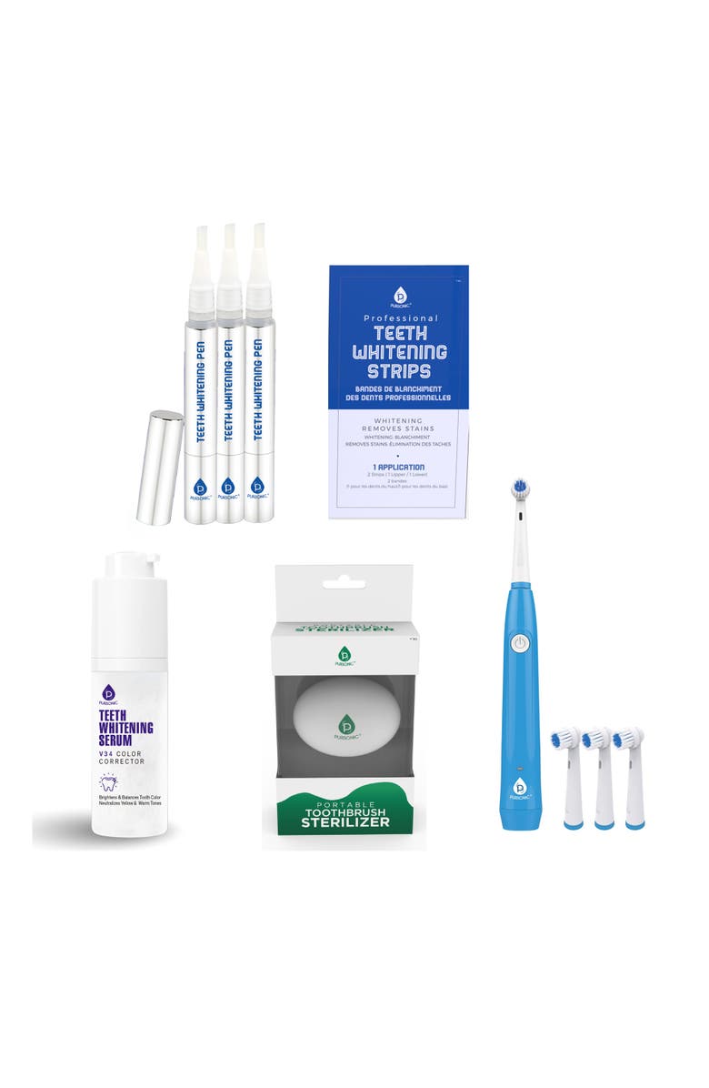 PURSONIC Ultimate Smile Brightening Kit Rotary Electric Toothbrush, UV Sterilizer, V34 Serum, Whitening Strips, & Pens, Main, color, White