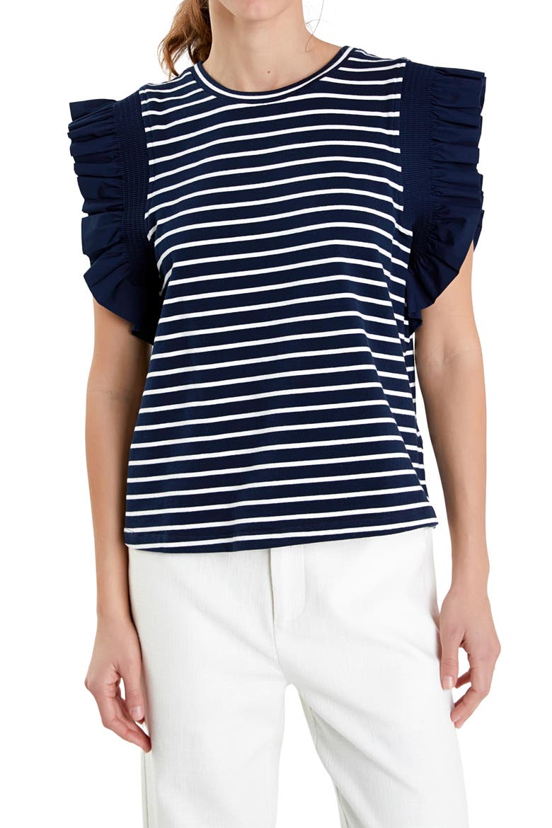 Stripe Flutter Sleeve T-Shirt, Main, color, NAVY/ WHITE
