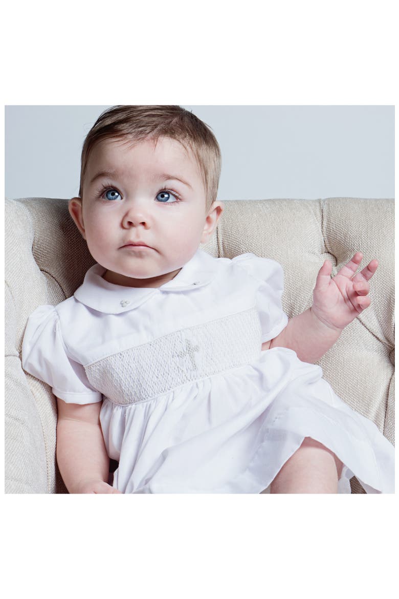Smocked Inset Christening Gown & Bonnet Set, Alternate, color, WHITE