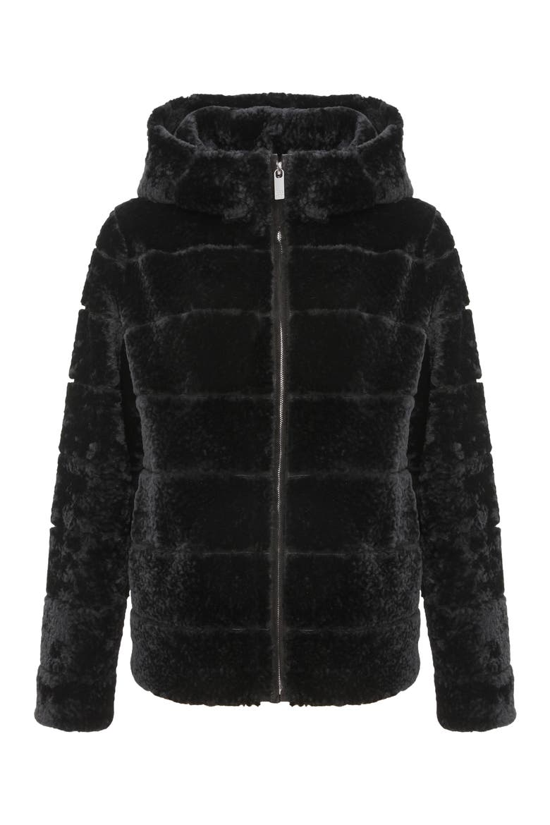 Horizontal Genuine Shearling Zip Jacket with Hood, Alternate, color, BLACK