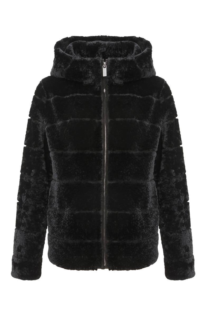 GORSKI Horizontal Genuine Shearling Zip Jacket with Hood, Alternate, color, Black