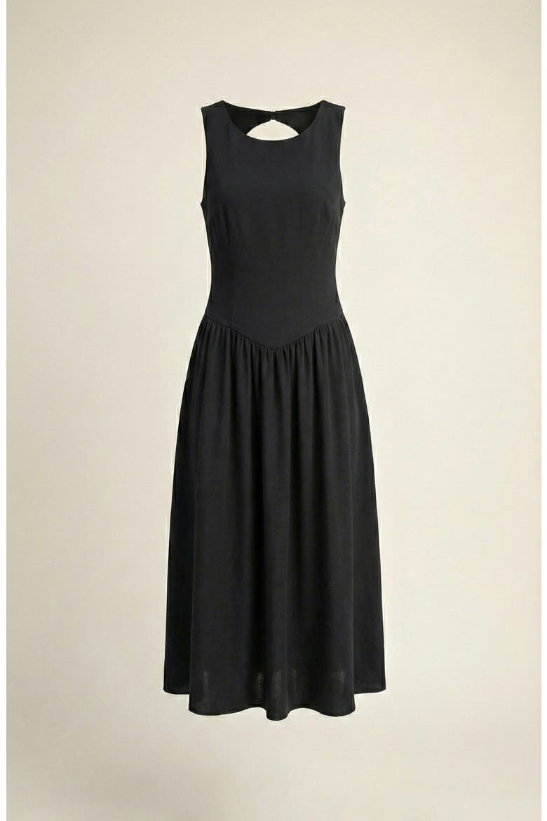 Sleeveless Fit-and-Flare Midi Dress with Gathered Skirt Detail, Alternate, color, Black