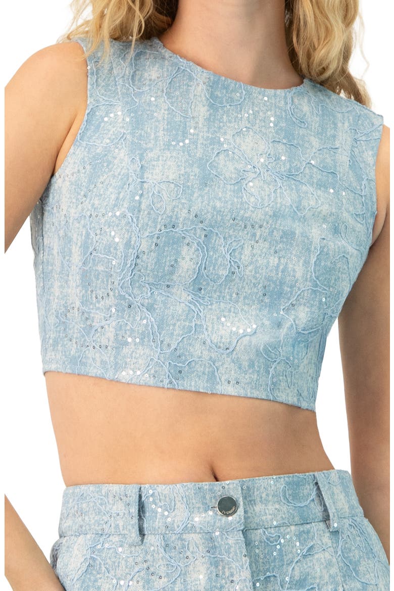 Sleeveless Embroidered Denim Crop Top, Alternate, color, Blue