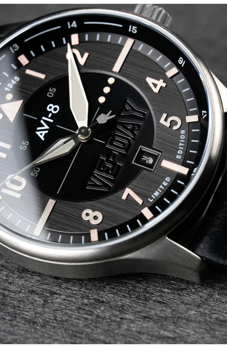 AVI-8 Hawker Hurricane Kent Leather Strap Watch, 43mm, Alternate, color, Black