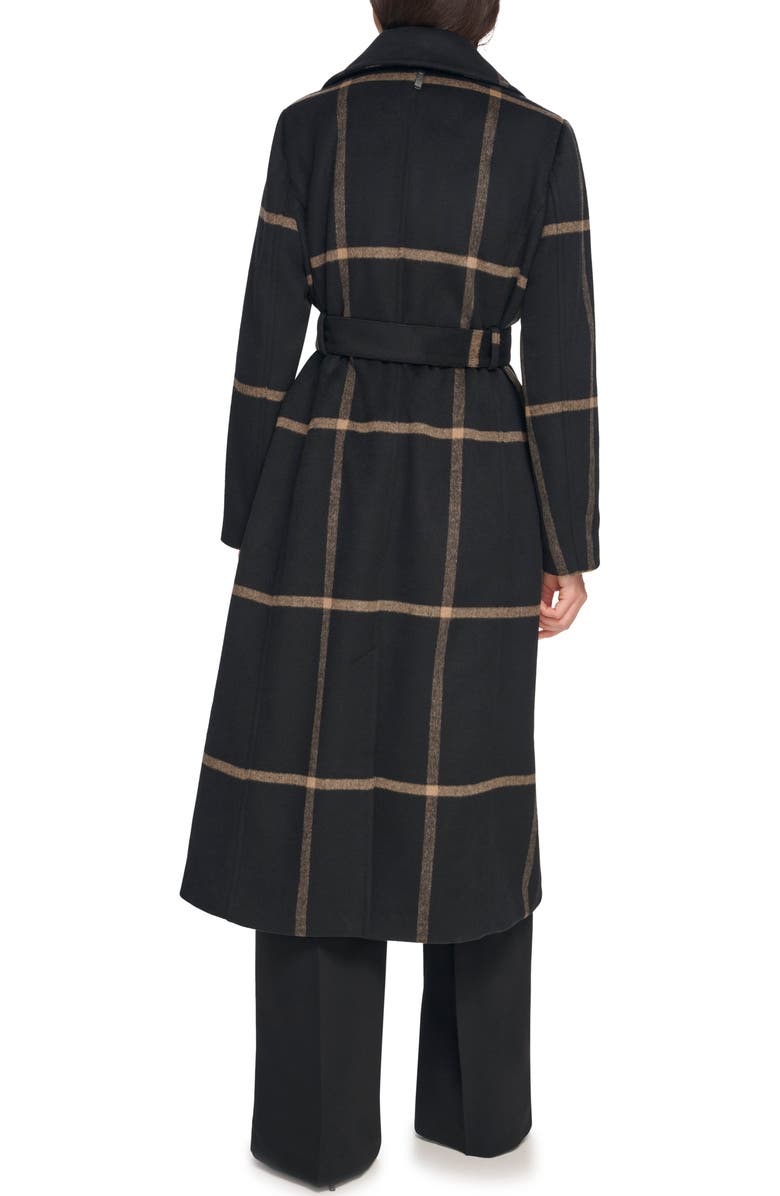 DKNY Windowpane Plaid Tie Waist Wool Blend Coat, Alternate, color, 