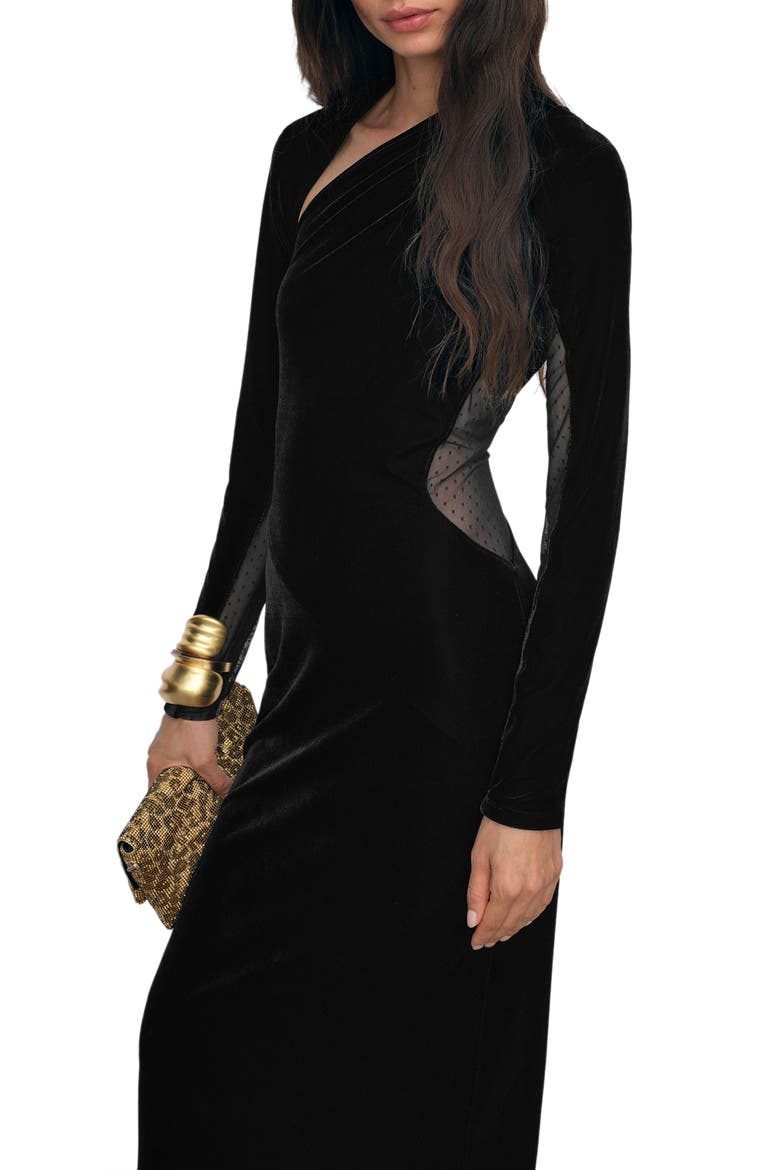Kass Asymmetric Neck Long Sleeve Velvet Dress, Alternate, color, BLACK