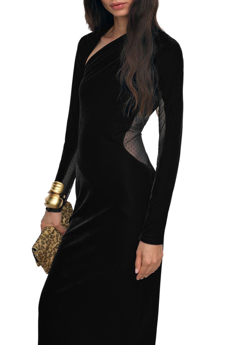Reiss Kass Asymmetric Neck Long Sleeve Velvet Dress, Alternate, color, Black