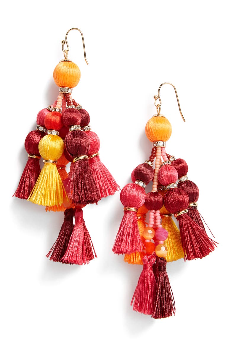 pretty pom tassel drop earrings, Main, color, PINK MULTI