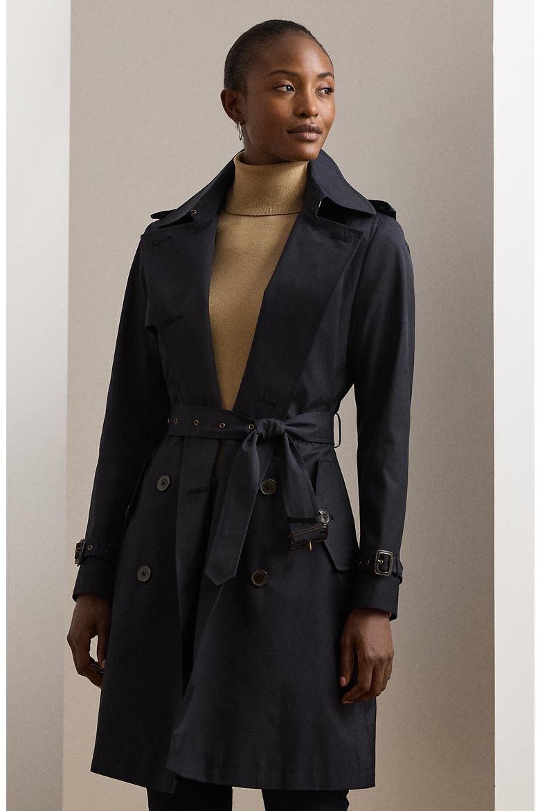Double Breasted Belted Cotton Blend Trench Coat, Alternate, color, DK NAVY