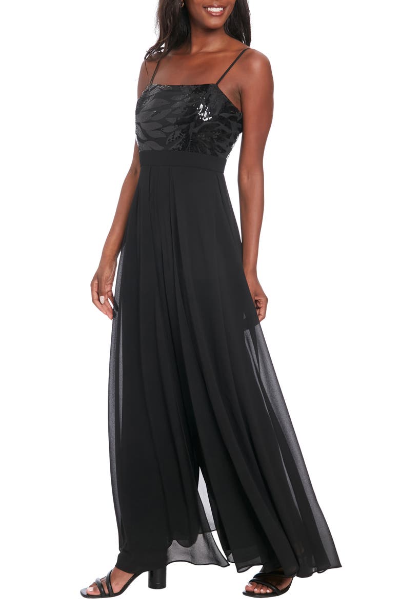 London Times Sequin Leaf Overlay Wide Leg Jumpsuit, Alternate, color, Black/ Black