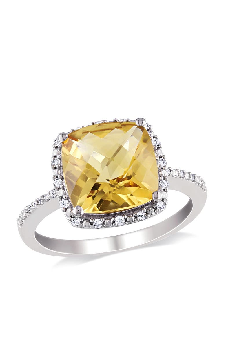 DELMAR Birthstone of the Month Sterling Silver Cushion Citrine & Diamond Halo Ring, Main, color, Yellow