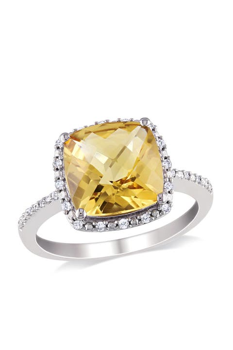 Birthstone of the Month Sterling Silver Cushion Citrine & Diamond Halo Ring