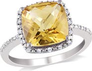 DELMAR Birthstone of the Month Sterling Silver Cushion Citrine & Diamond Halo Ring