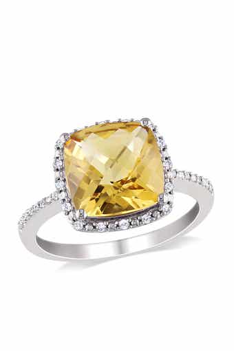 DELMAR Birthstone of the Month Sterling Silver Cushion Citrine & Diamond Halo Ring
