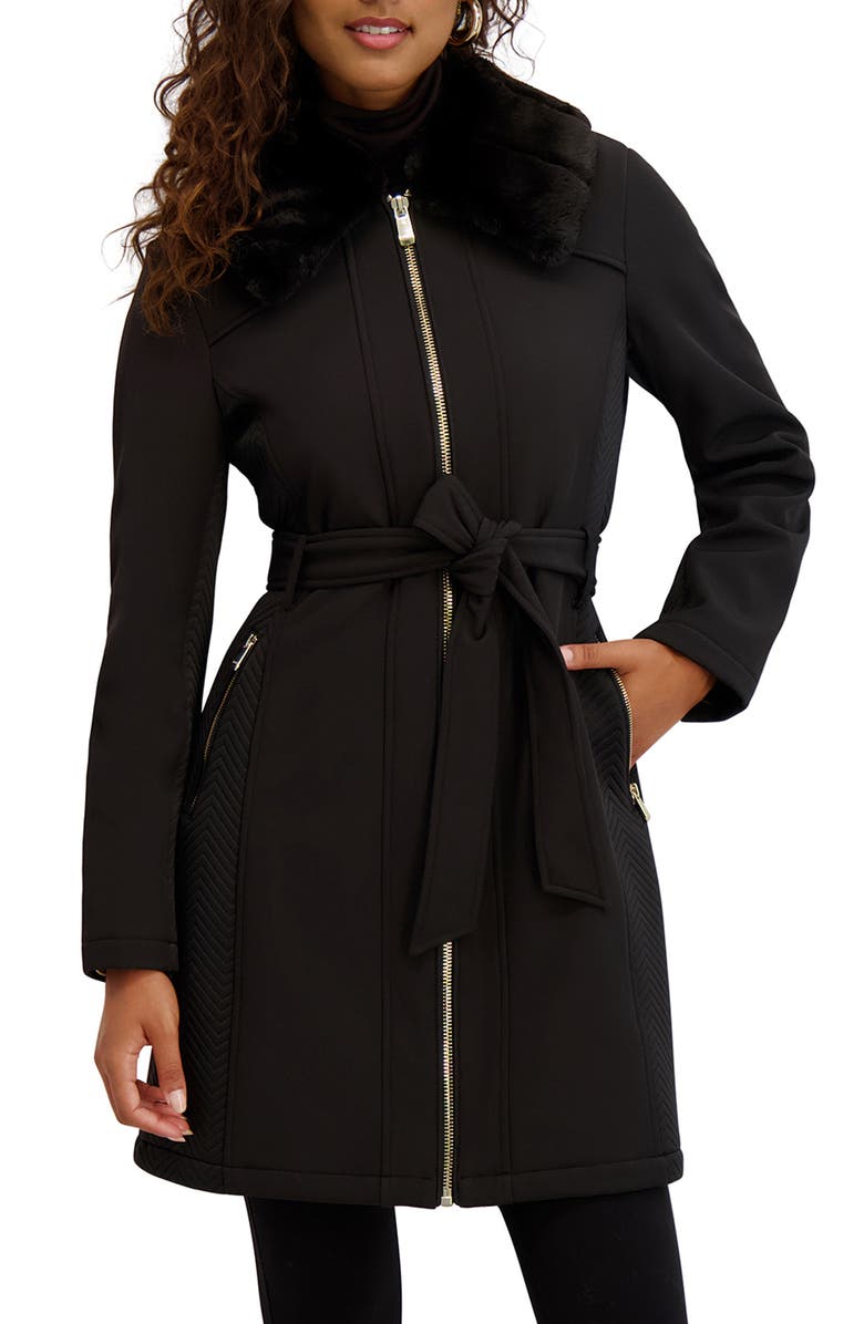 Kensie Faux Fur Collar Water Resistant Belted Softshell Jacket, Main, color, Black