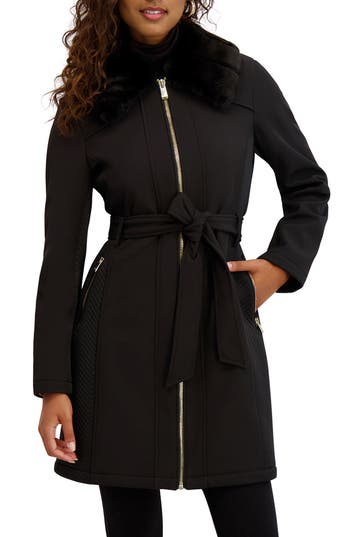 Kensie Faux Fur Collar Water Resistant Belted Softshell Jacket In Black