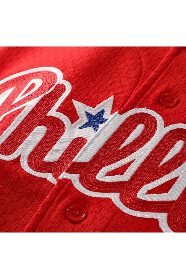 Men's Mitchell & Ness Jimmy Rollins Red Philadelphia Phillies Cooperstown Mesh Batting Practice Button-Up Jersey, Alternate, color, Red