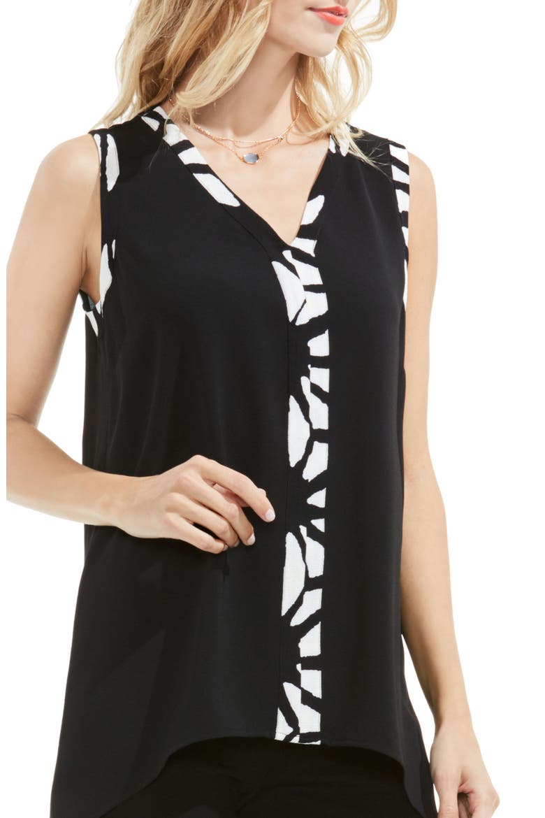 Print Trim High/Low Blouse, Main, color, RICH BLACK