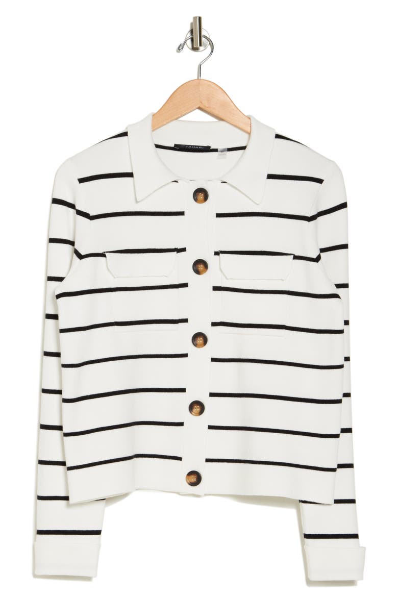 Collar Button Front Cardigan, Alternate, color, SNOW GLOBE/ BLACK STRIPE