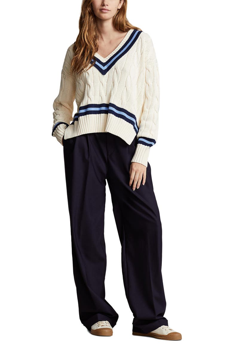 Cabled Cotton Cricket Sweater, Alternate, color, CRM NVY