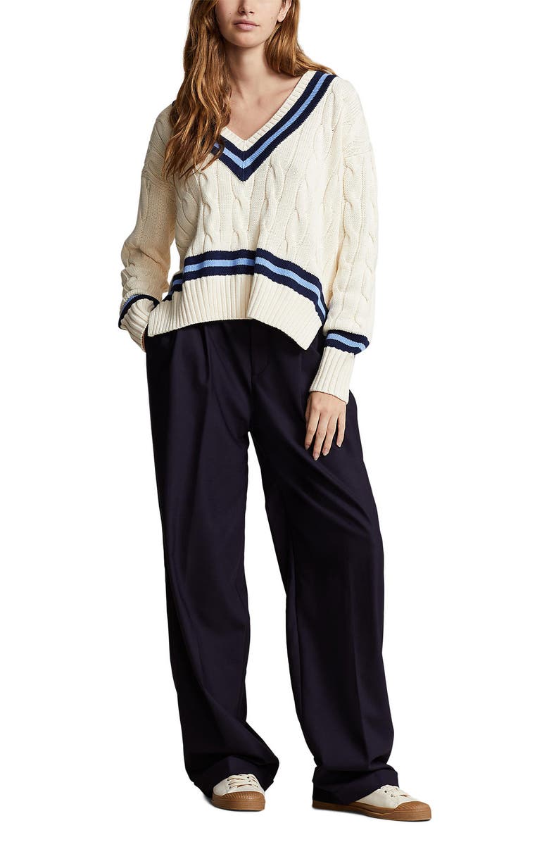 Polo Ralph Lauren Cabled Cotton Cricket Sweater, Alternate, color, Cream W/ Navy Stripe