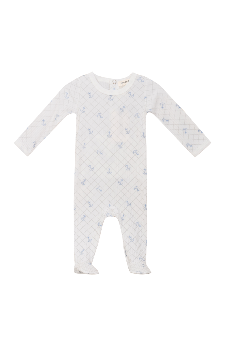 Fragile Soft Rib Mesh Print Romper, Main, color, White/River Blue