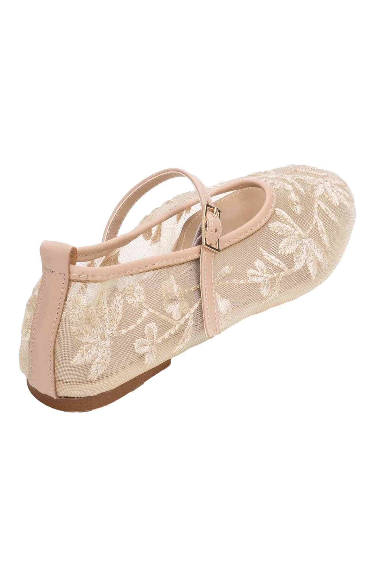 Prologue Shoes Juny Mesh Floral Embroidery Ballet Flat, Alternate, color, Beige Faux Leather