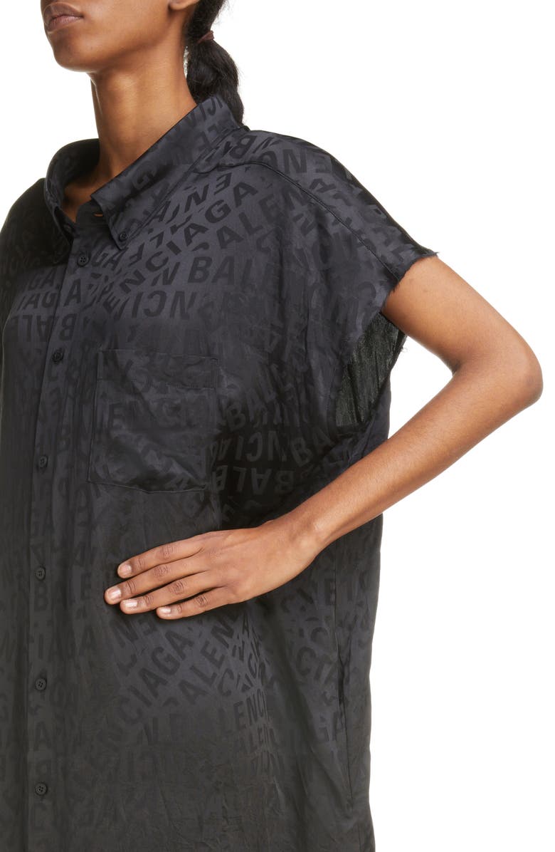 Balenciaga Cape Sleeve Jacquard Logo Silk Dress, Alternate, color, 