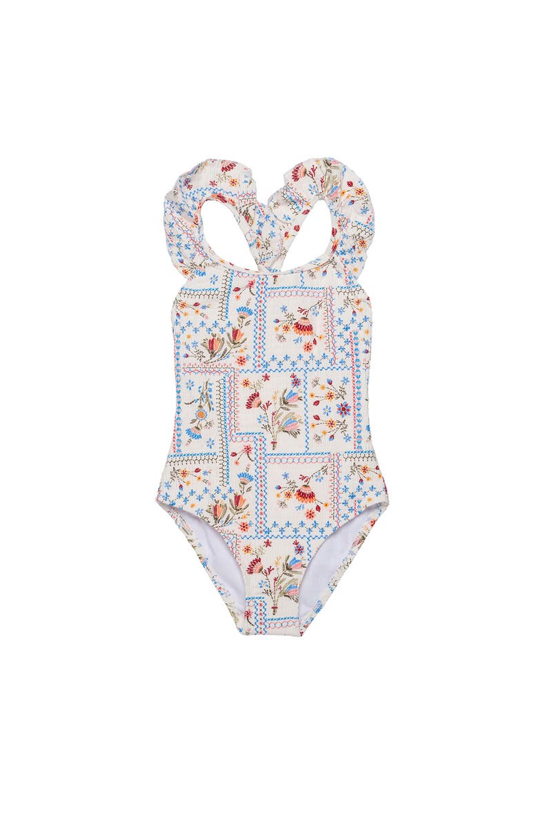 Gottex Kids Floral Soul Textured Square Neck Ruffle One Piece, Main, color, Multi-Soul