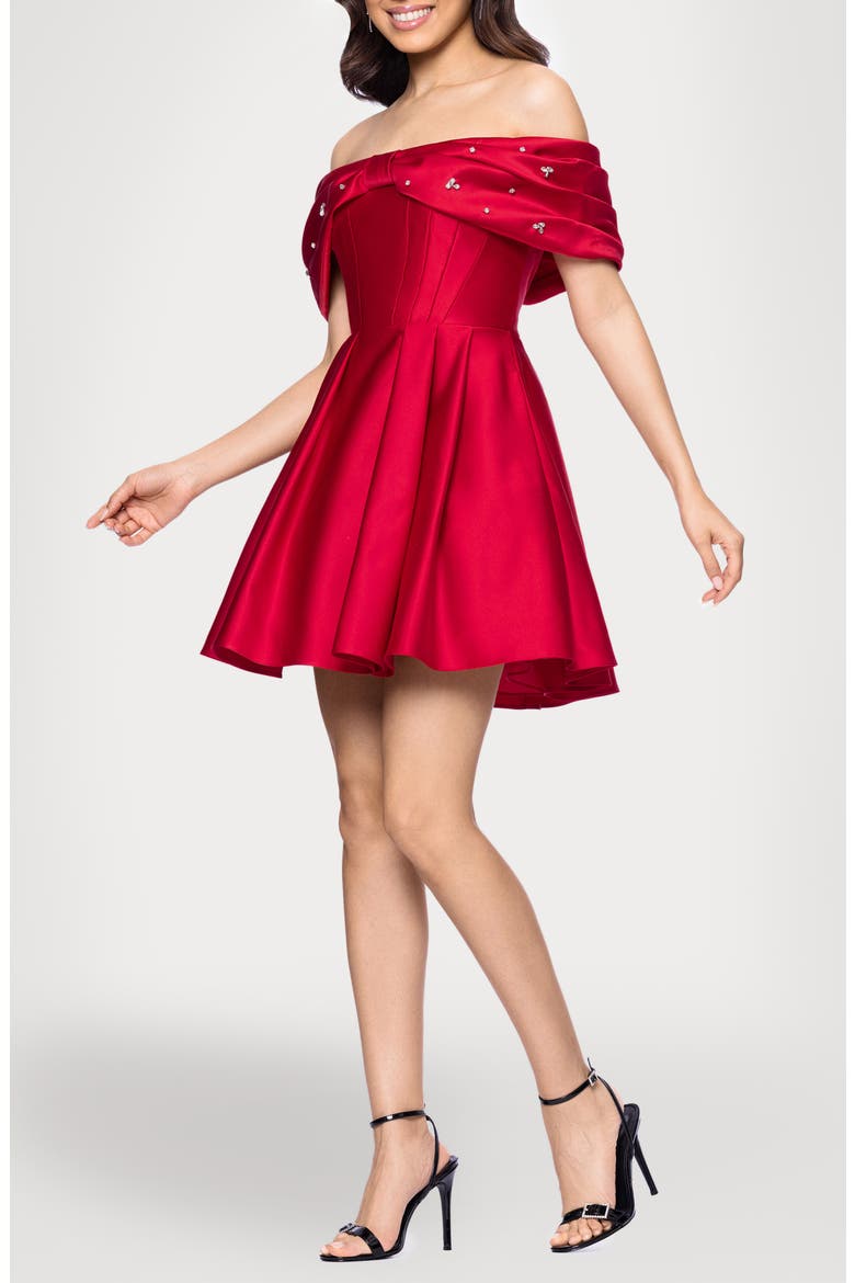 Rhinestone Bow Off the Shoulder Minidress, Alternate, color, RED