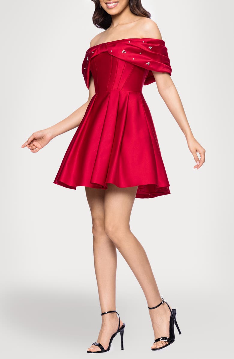 Blondie Nites Rhinestone Bow Off the Shoulder Minidress, Alternate, color, Red