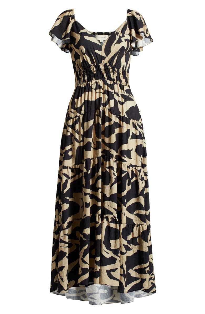 MELLODAY Printed Smocked Waist Maxi Sundress, Alternate, color, Black/ Taupe Print