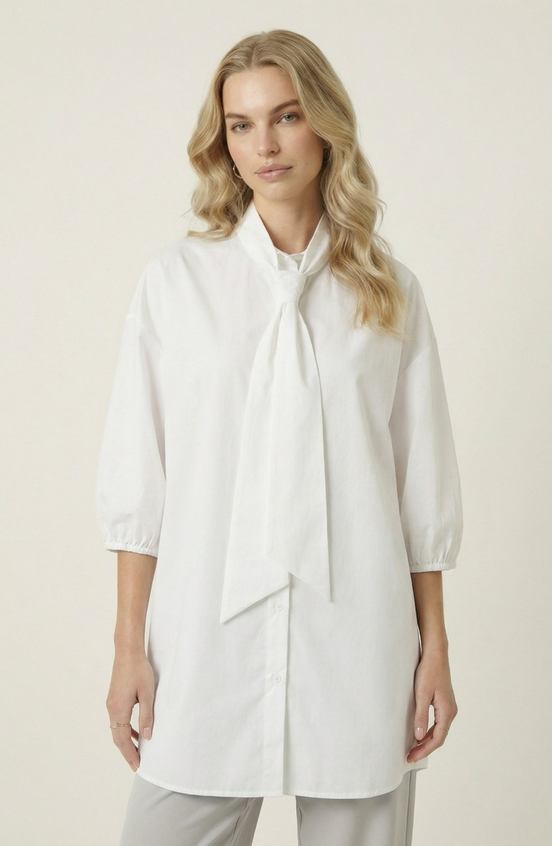 Modenaire Tie Neck Button Front Tunic Shirt, Main, color, White