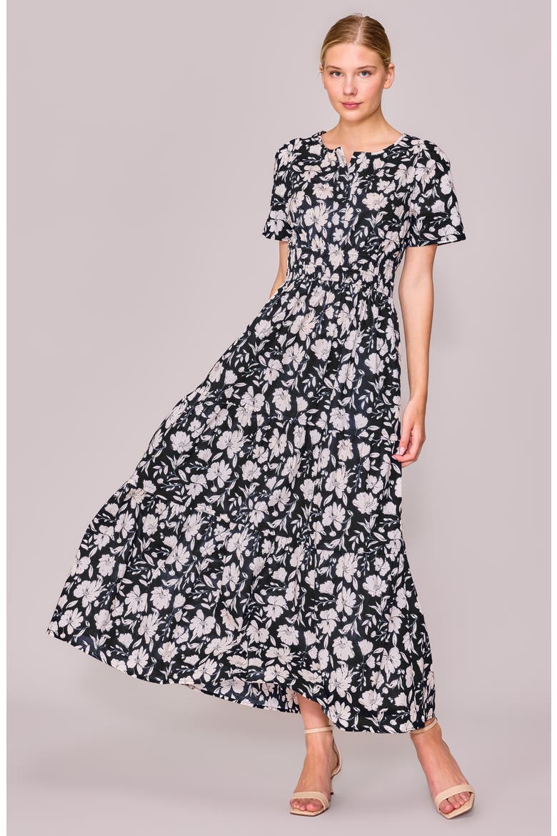 Short Sleeve Tiered Maxi Dress, Alternate, color, BLACK FLORAL