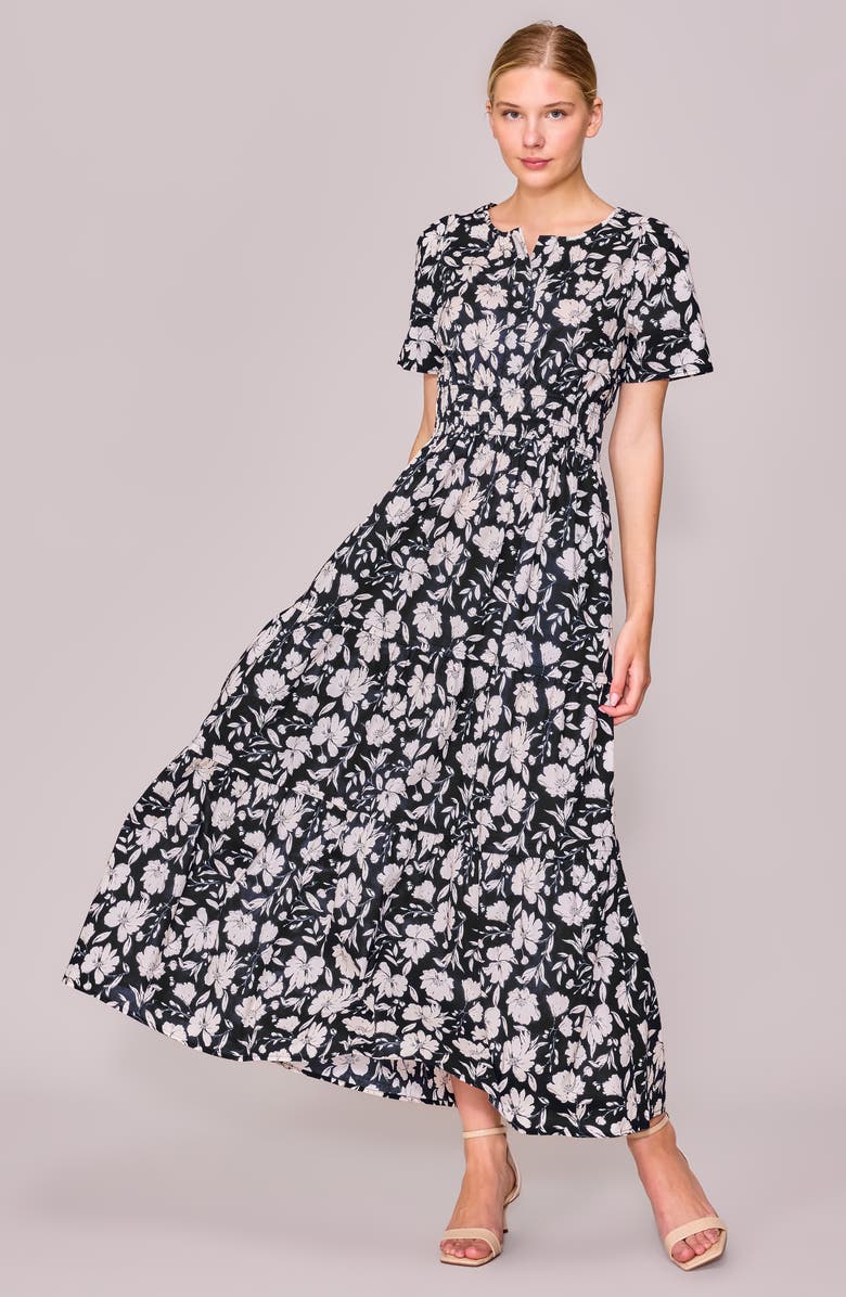MELLODAY Short Sleeve Tiered Maxi Dress, Alternate, color, Black Floral
