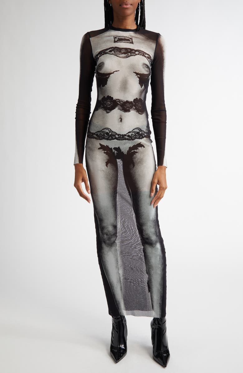Jean Paul Gaultier Trompe l'Oeil Long Sleeve Mesh Dress, Main, color, 