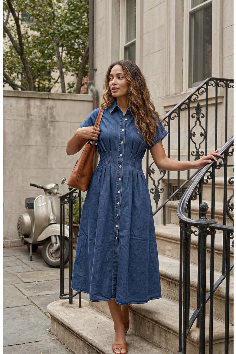 pleated waist shirt dress Women's Pleated Waist Denim Shirt Dress Medium Wash / L