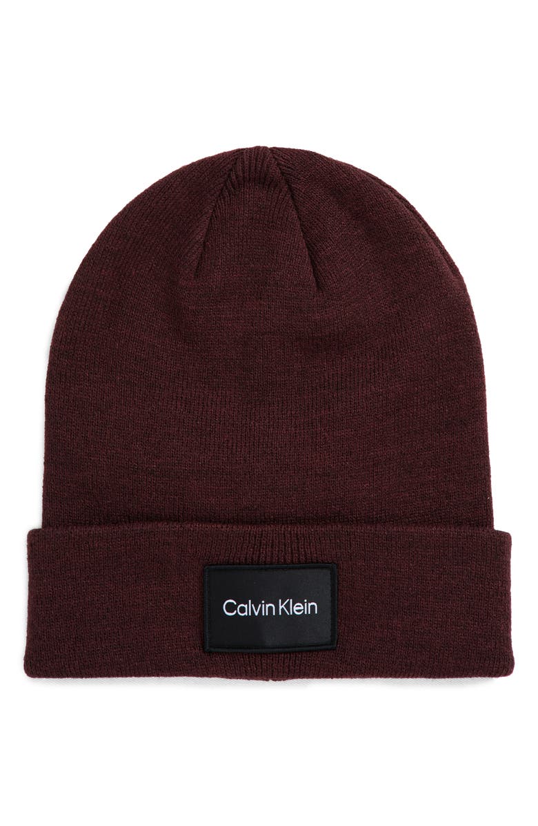 Calvin Klein Embroidered Logo Patch Cuff Beanie, Main, color, Tawny Port Heather